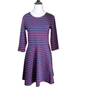 Gap Medium Navy Blue Red Stripe Ponte Knit Fit & Flare 3/4 Sleeve Dress Nautical